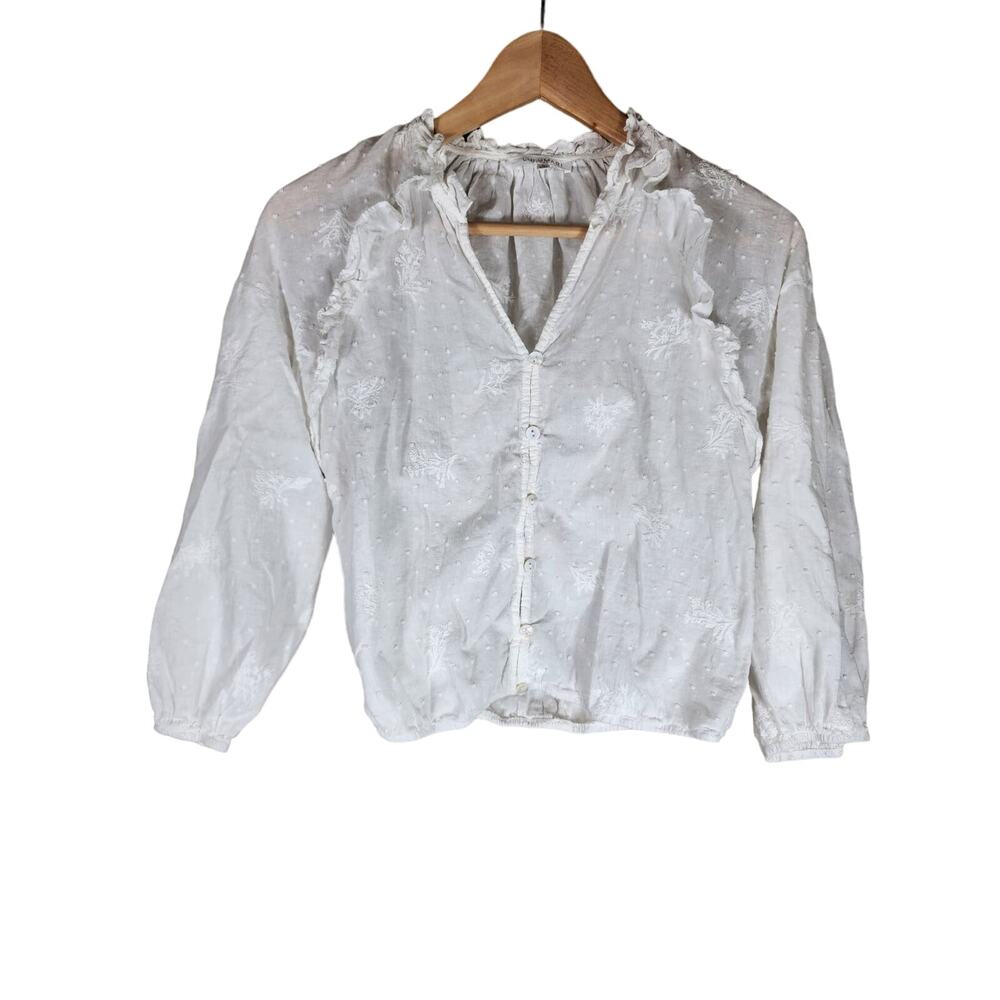 LULUMARI Women's White Swiss Dot Ruffle Boho Hippie Elastic Cuff Hem Top SZ M